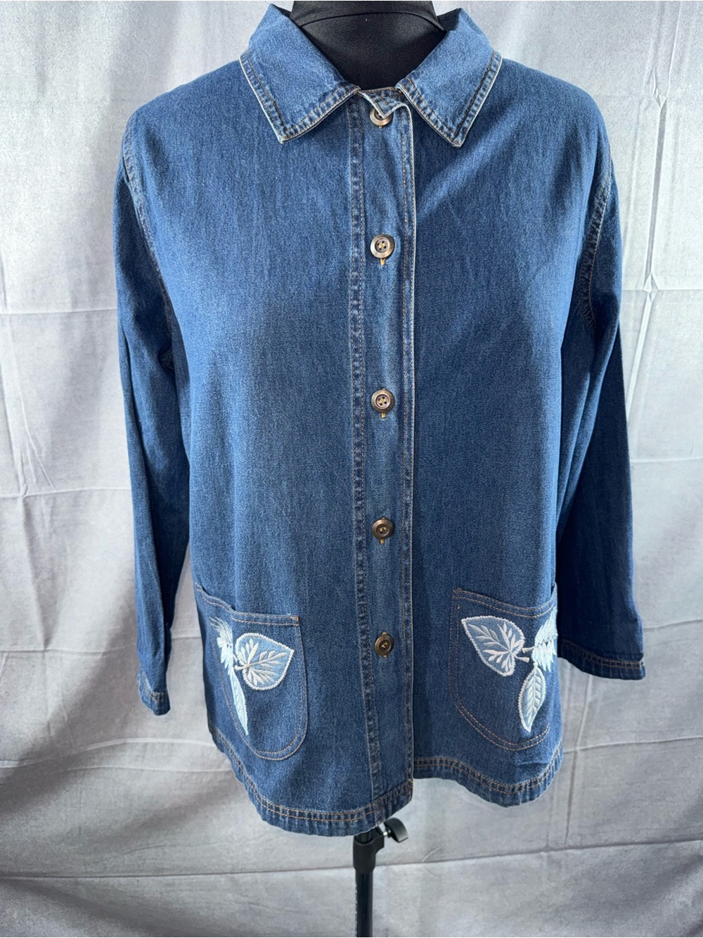 2801-Blair Dark Blue Denim Button-Front Shirt Jacket with Embroidered Pockets